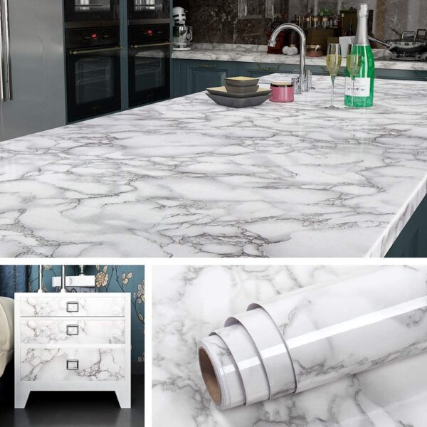 Self Adhesive White Marble Sheet for Kitchen - Anti Oil and Heat Resistant Wallpaper - Image 3